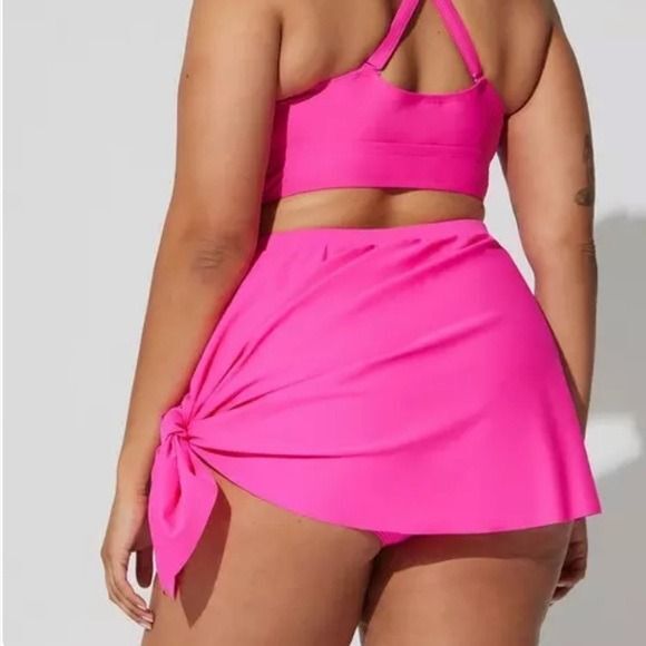 Torrid High Rise Mid Length Side Tie Swim Skirt With Brief Pink Glo 1x NWT - Picture 2 of 12